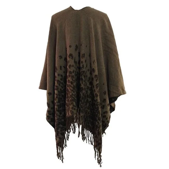 Mixit Reversible Wrap Women One Size Brown Fringe Animal Print Bohemian Preppy - Picture 2 of 6